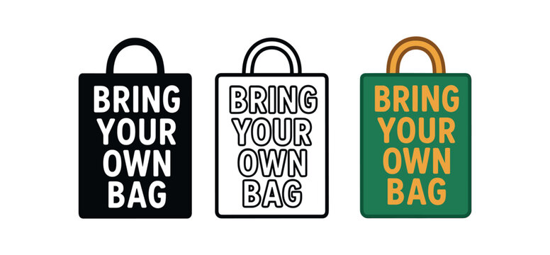 Bring your own bag icon set. reusable shopping bag, reduce plastic, grocery tote, eco carry, sustainable shopping. outline flat and colored vector illustration.
