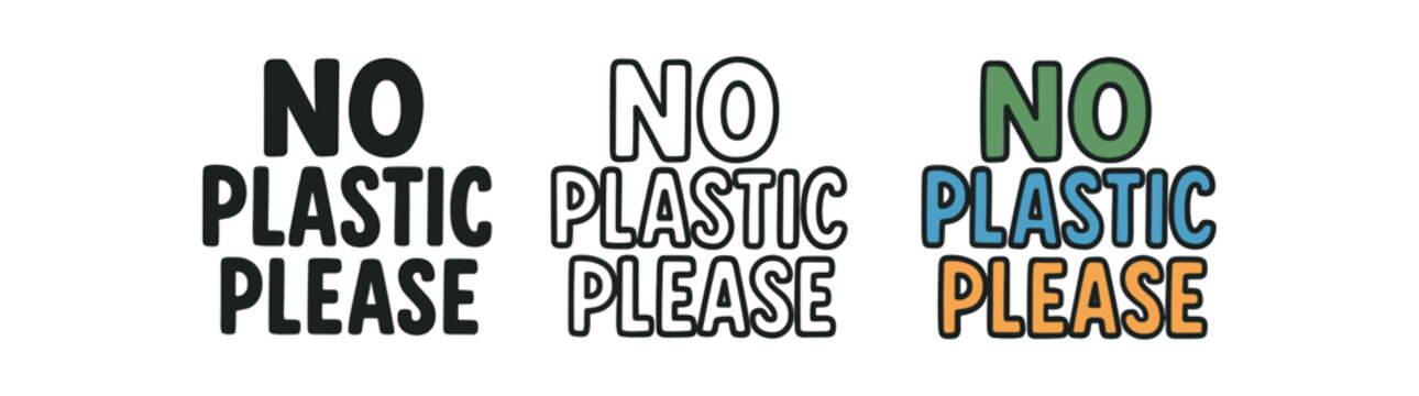 No plastic please icon set. anti plastic, reduce waste, ban single use, environmental plea, ocean safe. outline flat and colored vector illustration.