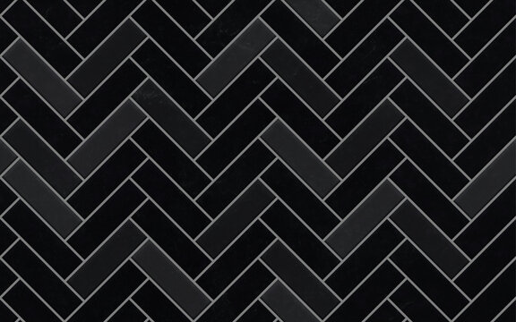 Seamless pattern. Black herringbone tile wall and floor texture. Zigzag pattern. Tileable background. 