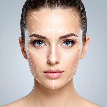 A woman?s face with white facial measurement lines on her skin
