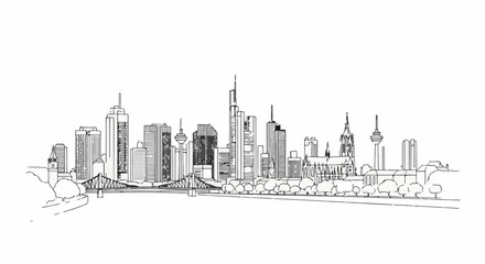 Fototapeta premium Stylized black and white skyline illustration of a city with numerous skyscrapers and a bridge