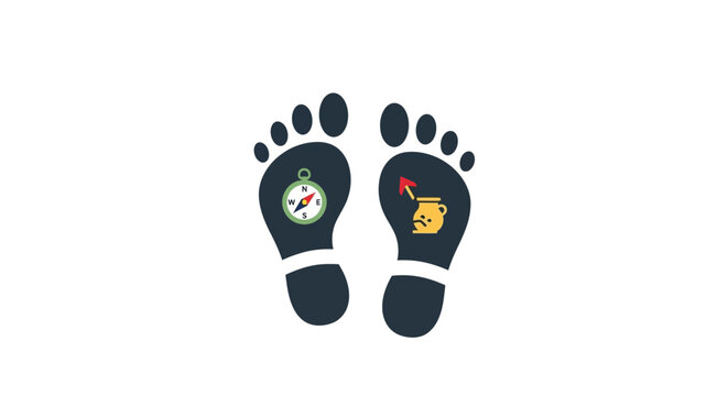 Footprints with a compass and a vessel, direction concept, travel or life journey