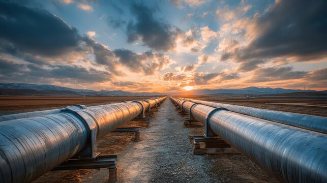 A long metallic pipeline stretches across a barren landscape under a dramatic sunset sky with clouds and distant mountains.