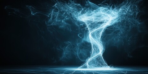 Fototapeta premium A digital blue light vortex resembling a tornado, swirling with dynamic energy and electric-like strands on a dark background.