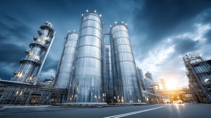 Obraz premium Large industrial refinery tanks and structures under a dramatic cloudy sky with sunlight breaking through.