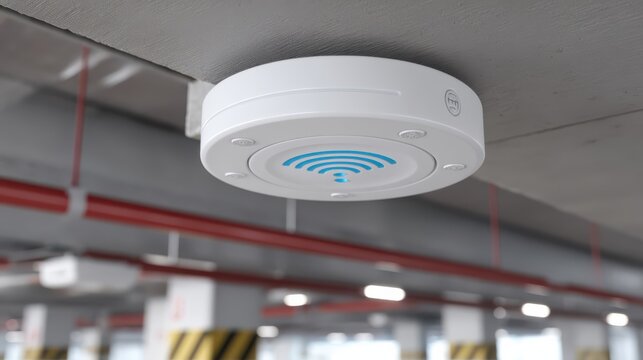 A white smoke detector with blue Wi-Fi signal icon is mounted on a ceiling in a parking garage.