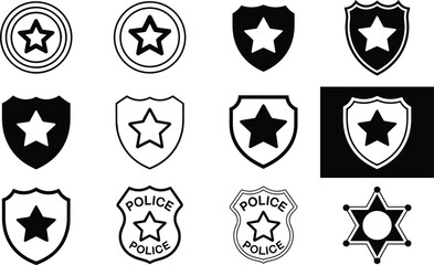 Fototapeta premium Police shield badge and star icon set with flat outline and solid styles security law enforcement vector collection isolated on white background