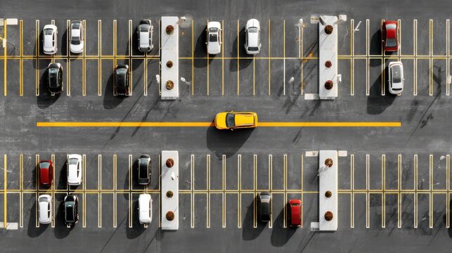 Aerial view of a parking lot with scattered cars, empty spaces, yellow lane markings, and concrete islands with planted trees.