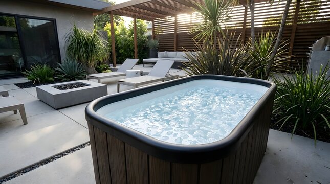 Modern outdoor cold plunge pool filled with refreshing ice water, perfect for post-workout recovery and therapeutic benefits.