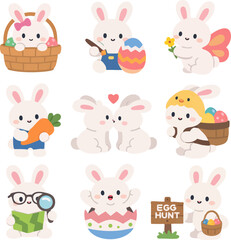 Fototapeta premium A collection of nine flat design Easter bunny illustrations in various activities. Perfect for holiday cards, decorations, and digital designs. High-quality EPS vector format Vol. 2