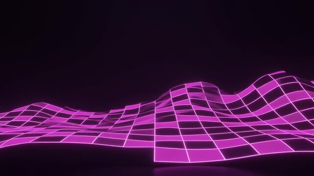 Abstract grid plane moving with neon pink lines in dark space