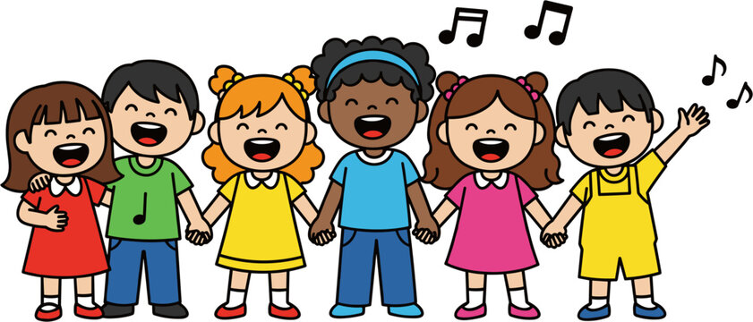 Diverse children singing together happily.