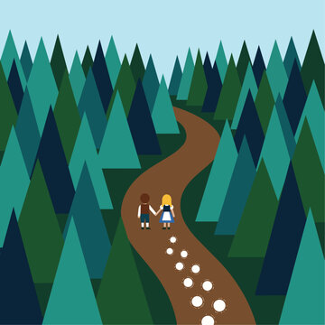 The Breadcrumb Trail: A flat vector illustration showing Hansel and Gretel from a high angle, walking deeper into a dense forest of geometric teal and dark green pine trees. 