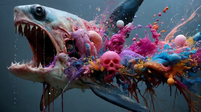 A colorful explosion of fluids, powders, spheres, strings, and human skulls bursts from the body of a wide-mouthed shark on a gray background