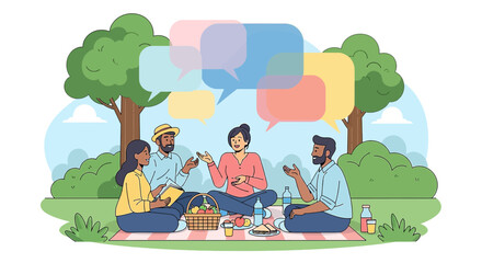 Obraz premium Diverse group enjoying picnic conversation in park with speech bubbles