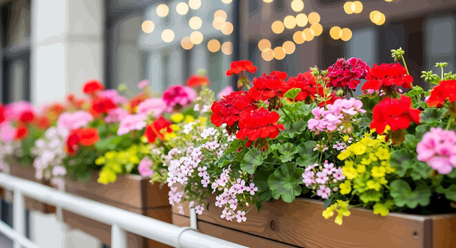 Vibrant flowers in wooden planters on a balcony with white railing and string lights in the background