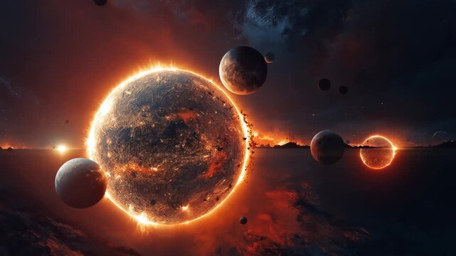 A glowing star pulsates and ejects matter particles, attracting surrounding planets in the vast space of a dark universe