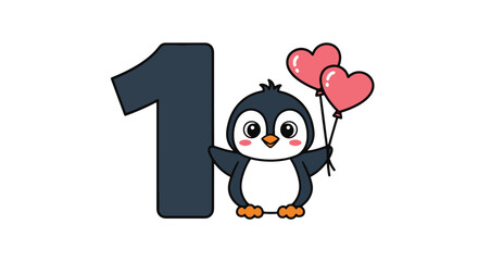Fototapeta premium Penguin with Number One Holding Heart Balloons