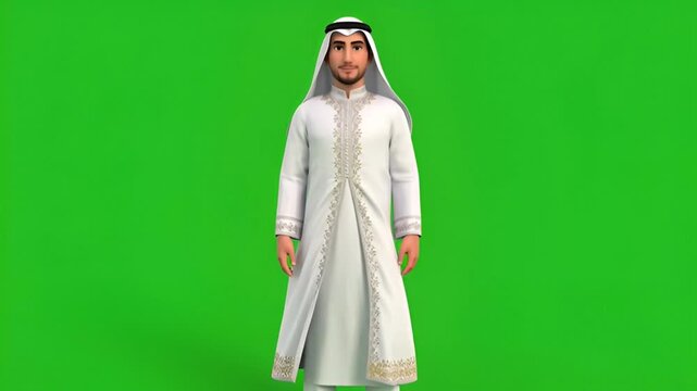 A handsome young Arab man dressed in traditional white thobe and headdress stands confidently