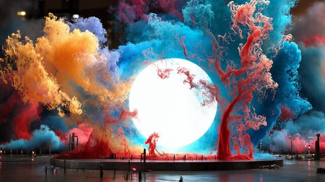 Bright white sphere pulses in the center of a circular platform while swirls of colorful smoke surround it and a ghostly red tree gradually grows
