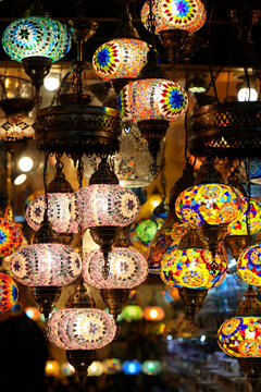 Colorful Turkish mosaic lanterns hanging in Grand Bazaar, Istanbul, Turkey