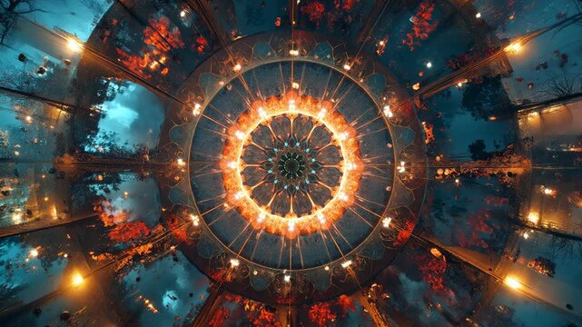 A complex kaleidoscopic pattern with a fiery center and blue symmetrical forest reflections rotates smoothly, creating a dynamic light mandala