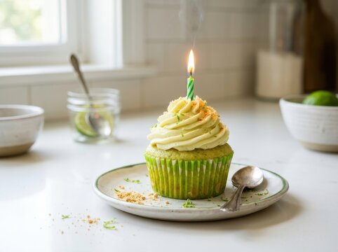 A single key lime cupcake with green frosting and a lit birthday candle sits on a plate with a spoon and lime slices in the background