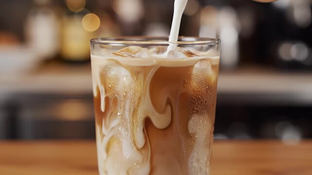 Cream swirling into a glass of iced coffee, creating delicate patterns