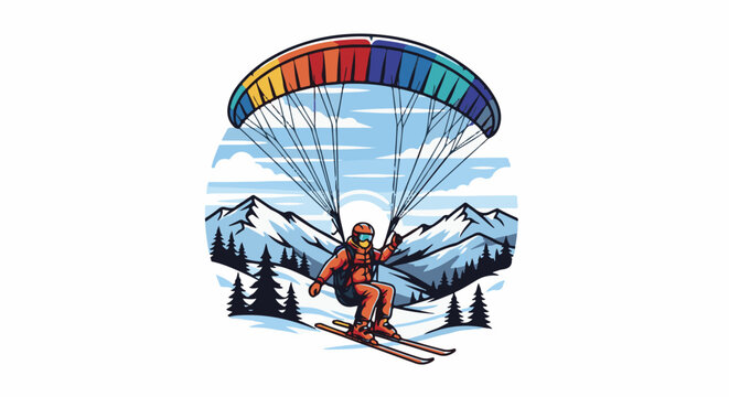 Skier with paraglider in snowy mountains
