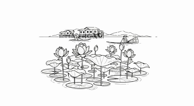 Sketch of lotus pond with stilt houses and boats