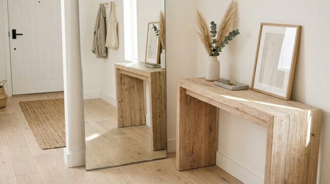 Frameless floor mirror reflecting a wooden console table and entryway decor