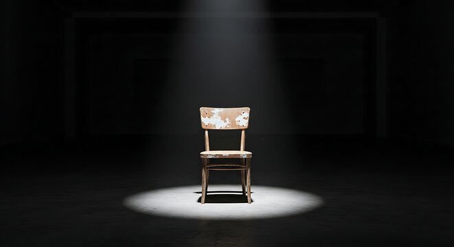 Wooden step stool under spotlight in dark minimalist setting with dramatic lighting