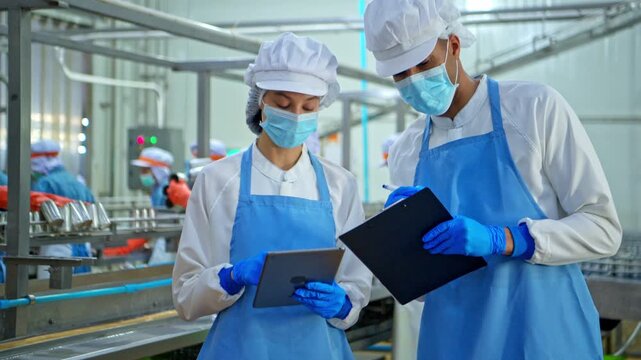 Both of quality control officer inspecting raw fish materials in a seafood processing factory before entering the production line