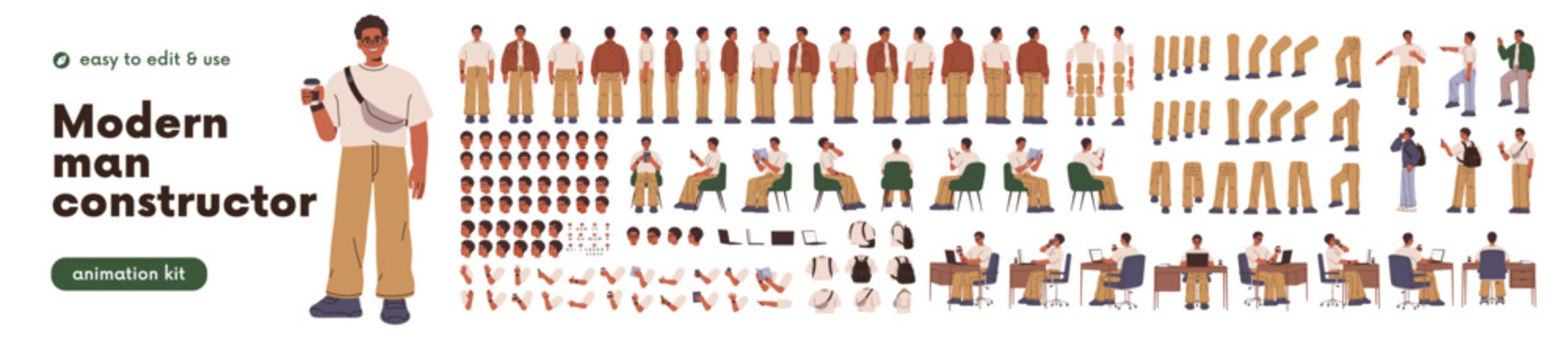 Black man character constructor. Male body parts, elements, animation kit, set with face, arm, leg poses, movements, different positions. Flat vector illustration isolated on white background