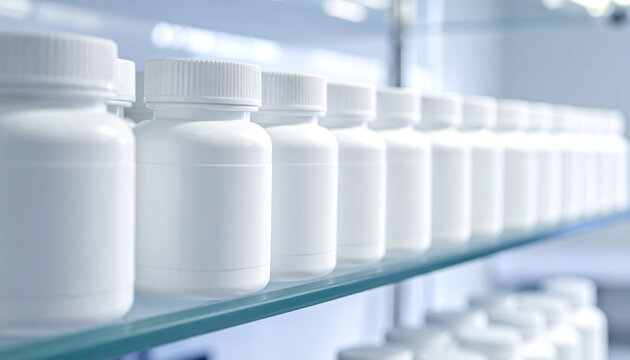 Rows of White Pharmaceutical Bottles on Shelf in Laboratory Storage