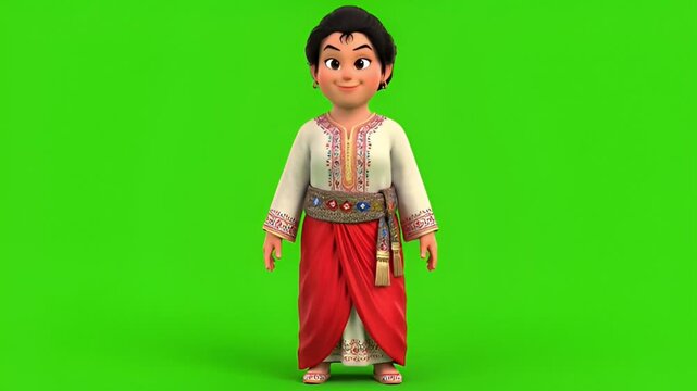 Animated young boy wearing traditional clothing and smiling on green screen background