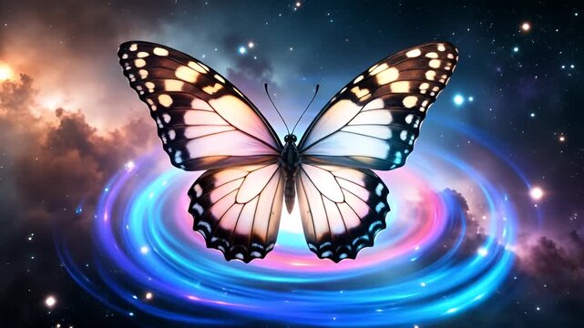 Colorful Butterfly in a Cosmic Background with Stars and Nebulae