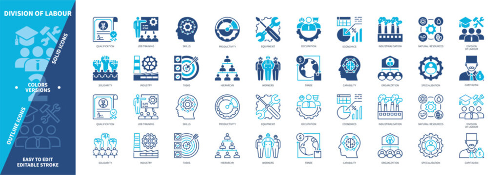 Division of Labour icon set. Occupation, Tasks, Equipment, Natural Resources, Capability, Workers, Industry, Skills. Duotone color solid icons