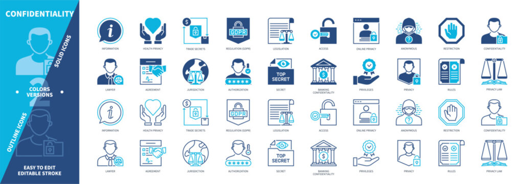 Confidentiality icon set. Legislation, Lawyer, Access, Privacy Law, Agreement, Restriction, Information, Secret. Duotone color solid and editable outline icons