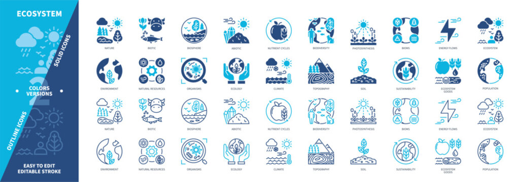 Ecosystem icon set. Organisms, Biosphere, Soil, Ecosystem Goods, Nutrient Cycles, Abiotic, Photosynthesis, Nature. Duotone color solid and editable outline icons