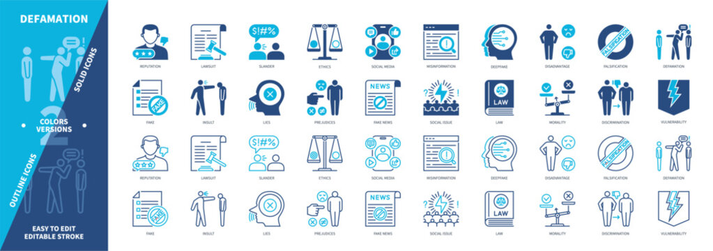 Defamation icon set. Human Rights, Slander, Fake, Insult, Social Issue, Deepfake, Falsification, Reputation. Duotone color solid and editable outline icons