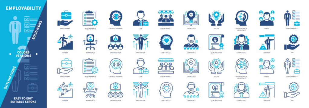 Employability icon set. Competence, Workplace, Critical Thinking, Career, Motivation, Ability, Employment, Success. Duotone color solid icons