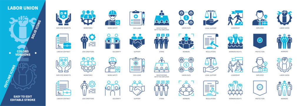 Labor Union icon set. Union Dues, Solidarity, Negotiations, Protection, Members, Strike, Workforce, Employer. Duotone color solid and editable outline icons