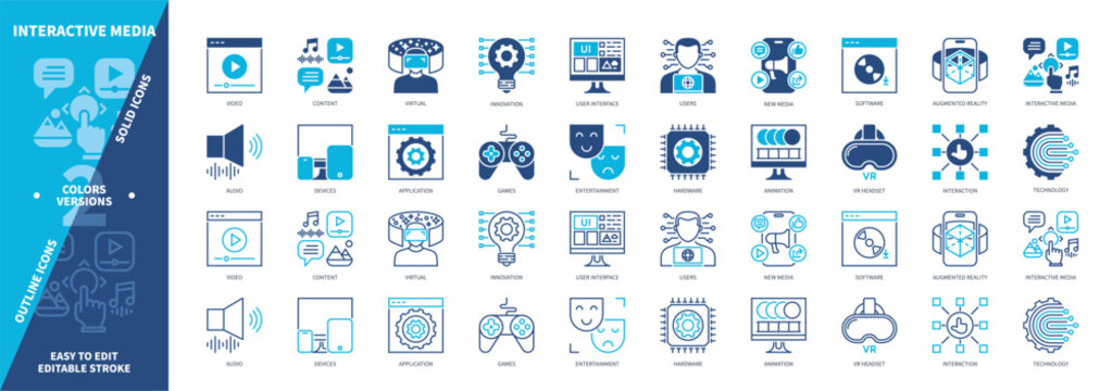 Interactive Media icon set. Animation, Virtual, Users, New Media, Augmented Reality, Games, Entertainment, Devices. Duotone color solid and editable outline icons