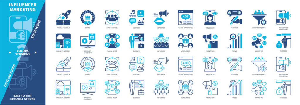 Influencer Marketing icon set. Brand, Advocacy, Promotion, Trend, Product Launch, Feedback, Conversion Rate, Native Advertising. Duotone color solid and editable outline icons