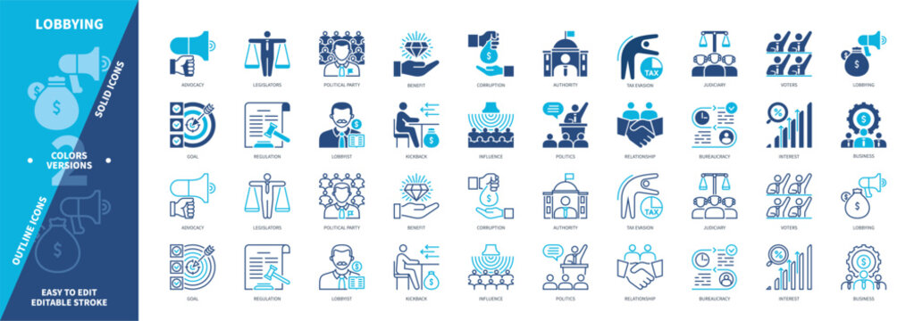Lobbying icon set. Legislators, Bureaucracy, Influence, Political Party, Voters, Authority, Kickback, Tax Evasion. Duotone color solid and editable outline icons