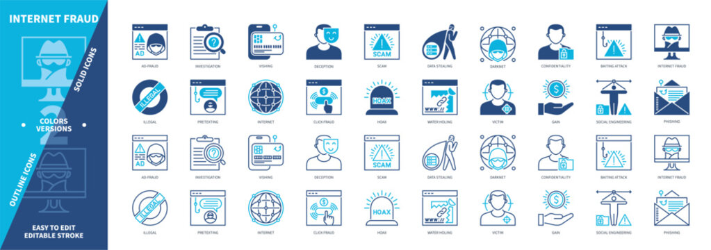 Internet Fraud icon set. Ad-Fraud, Data Stealing, Scam, Darknet, Victim, Confidentiality, Social Engineering, Phishing. Duotone color solid and editable outline icons