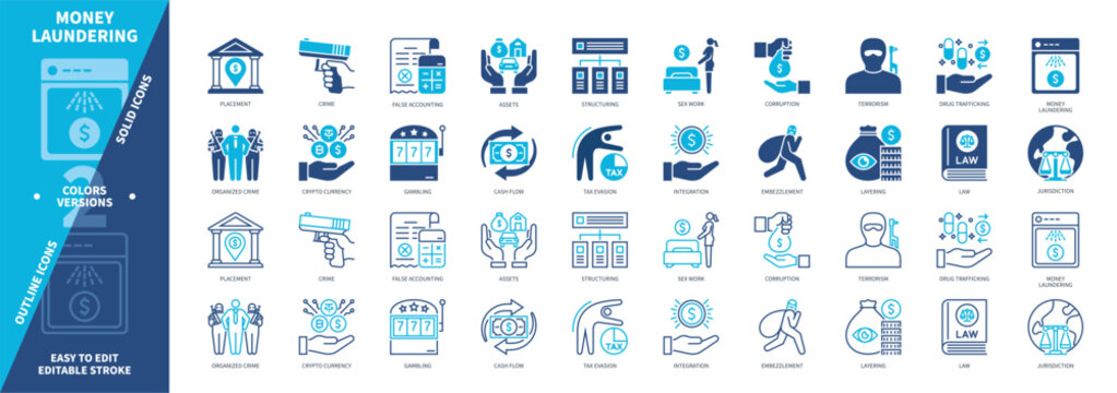 Money Laundering icon set. Crypto Currencies, Gambling, Cash Flow, False Accounting, Structuring, Layering, Integration, Placement. Duotone color solid and editable outline icons