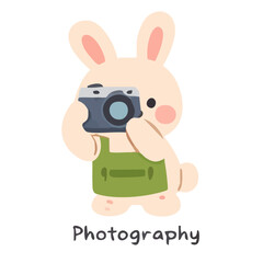 A creative illustration of an adorable Easter bunny pursuing its photography hobby, featuring a modern flat design style perfect for holiday greetings and web graphics. © Nana