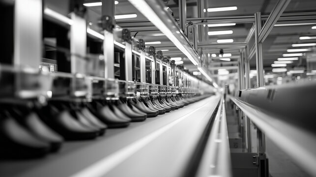 perspective shot from inside machine looking out at sandal production line, unique industrial viewpoint